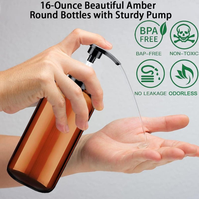 Xlent Soap Dispenser with Rust Proof Pump, Waterproof Labels (2 Pack,16 Oz) Bathroom, Plastic Hand Dish Soap Dispenser for Kitchen, Premium Thick Soap Pump Bottles (Amber) - Image 4